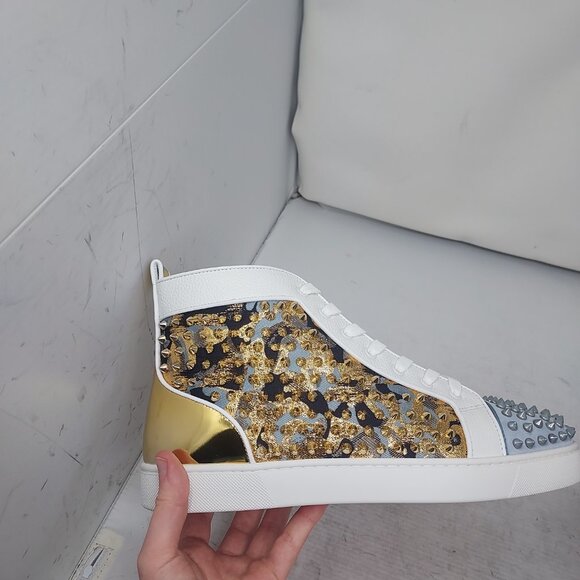 CHRISTIAN LOUBOUTIN White Gold Louis Orlato High Top Stud Sneaker - Picture 10 of 10